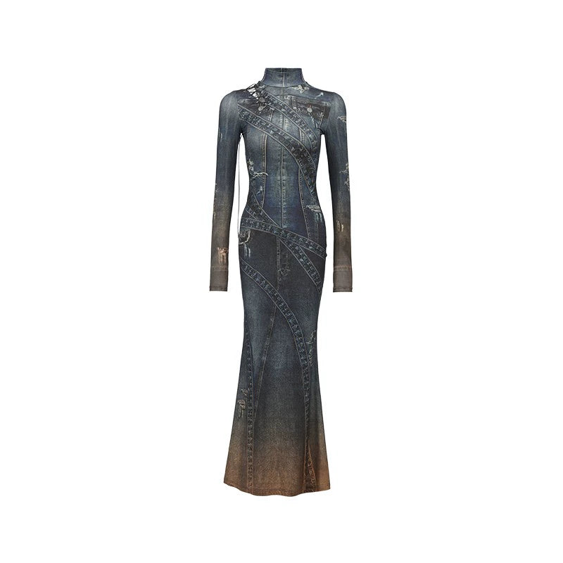 Denim Print High Neck Maxi Dress – Vintage Slim Fit Design