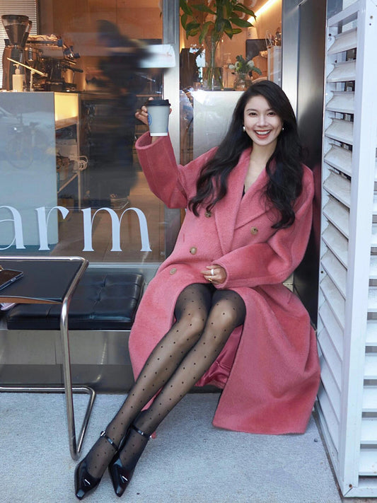 Pink Double-Sided Cashmere Coat – Hepburn-Style Mid-Length Elegance