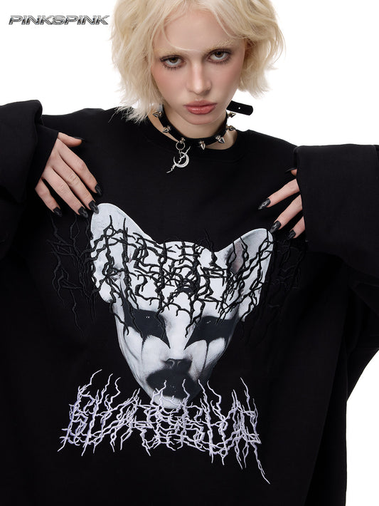 Cat-Themed Black Metal Thorn Embroidered Y2K Sweatshirt