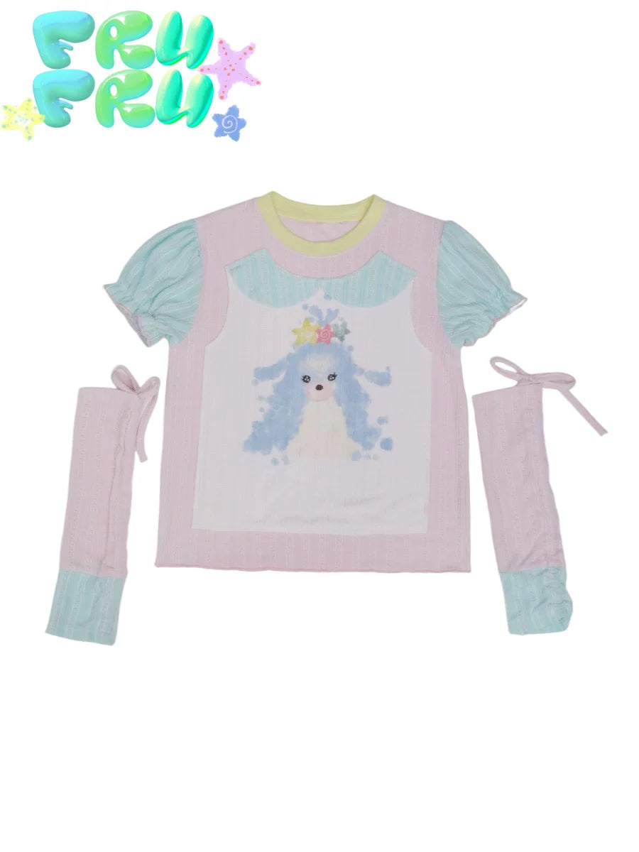 Gollum Store Original Cute Girl Summer Y2K Powder Blue Colorblock Puppy Print Pure Cotton T-Shirt