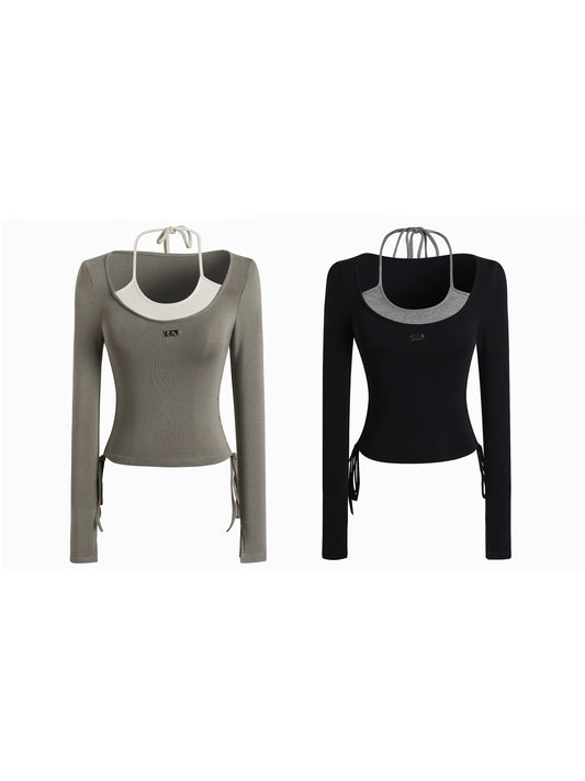 Ballet Style Fake Two-Piece Hanging Neck Top