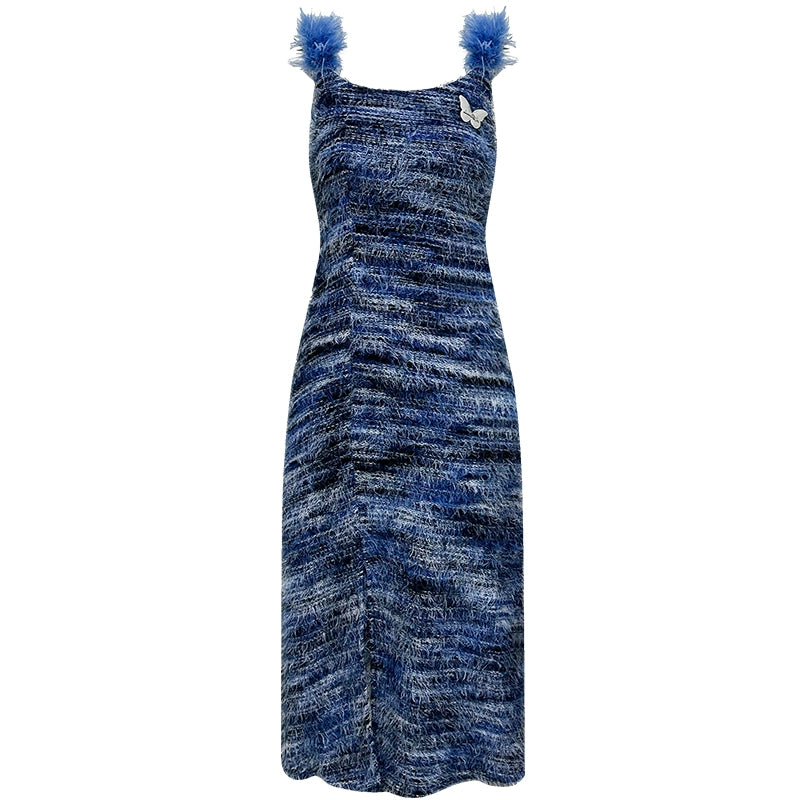 Plush Striped Slim Fit Knit Dress | Autumn/Winter Suspender Style - M / Blue Spot Plush Striped Slim Fit Knit Dress | Autumn/Winter Suspender Style - M / Blue Spot