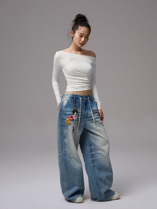 Rhinestone Letter One-Shoulder Top