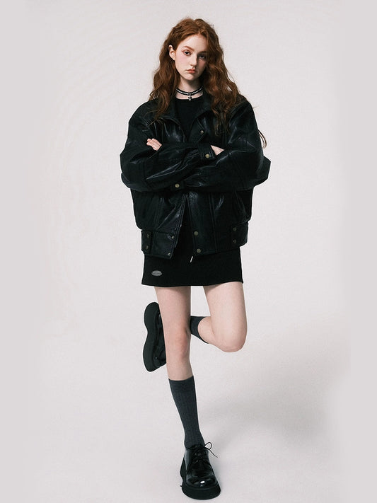 Chaqueta de cuero acolchada de PU vintage - Negro