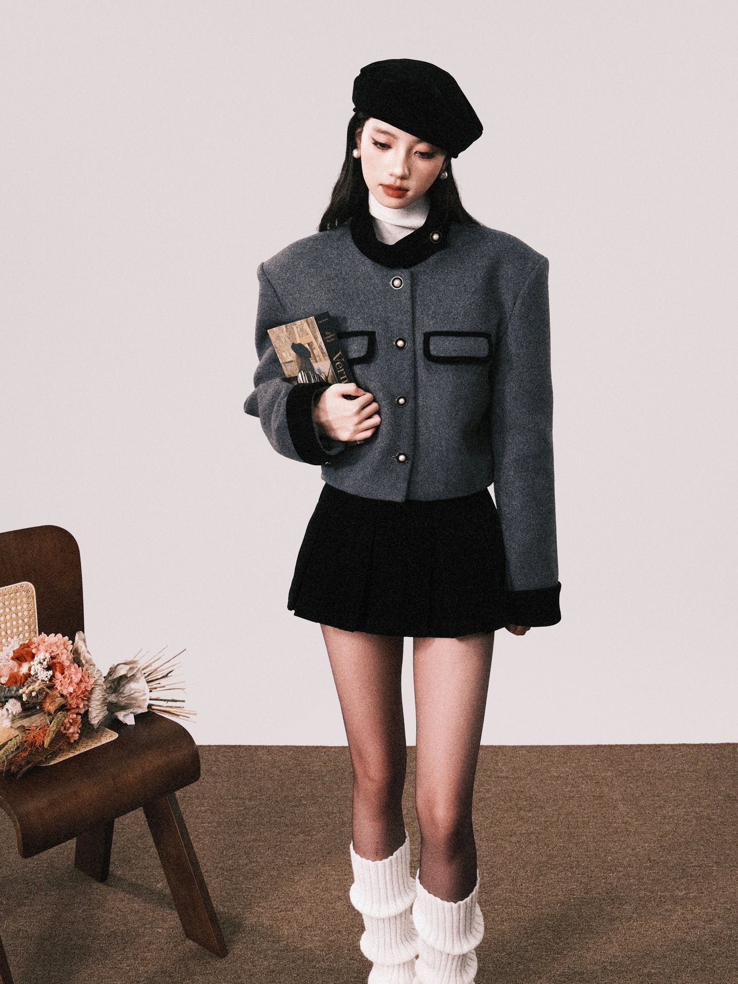 Black Velvet Panelled Wool Short Jacket with Painterly Details