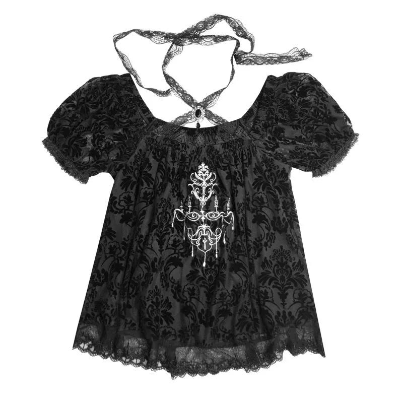 Dark Night Flocked Lace Strap Top