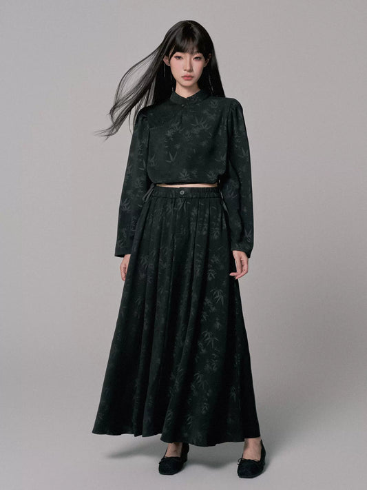 Dark Jacquard High-Waist Two-Piece Set with Stand-Up Collar