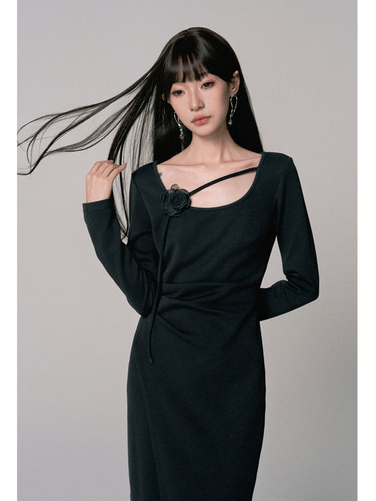 Rose Knitted U-Neck Slim Long Dress for Women (Autumn Edition)