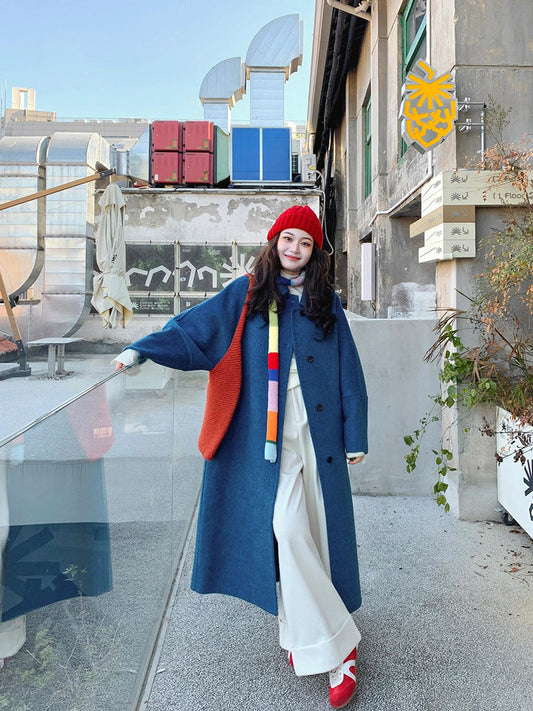 Blue Reversible Cashmere Coat – Chic Korean Petite Woolen Jacket