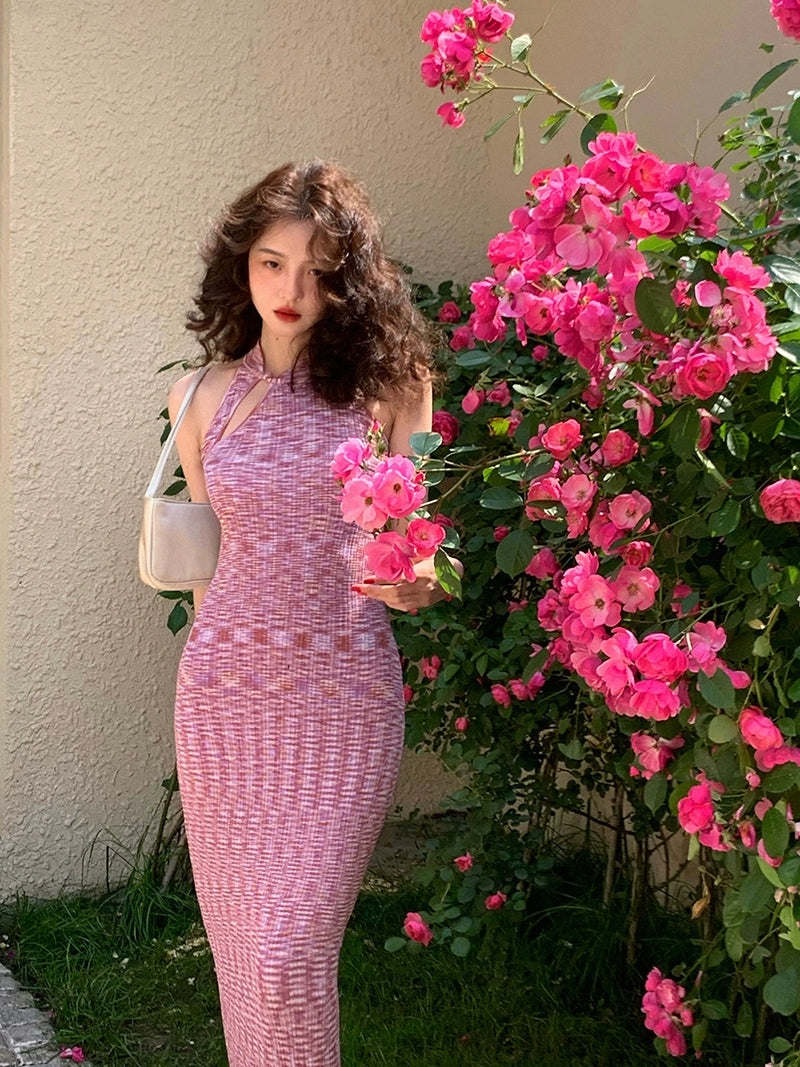 수제 : 녹색 Qipao 버튼 니트 드레스