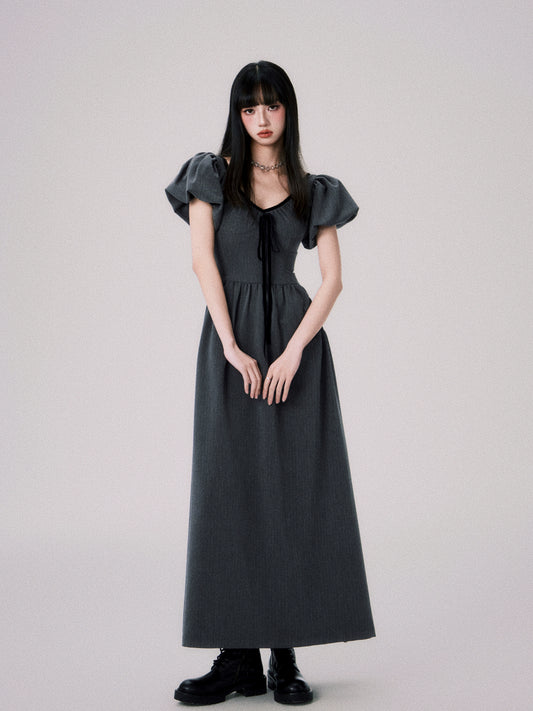 Dark Grey Puff Sleeve Slim Fit French V-Neck Maxi Dress