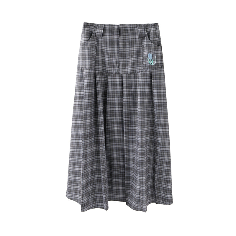 Vivian Letter Grey Blue Checked Tulip Embroidered Pleated Skirt Half length Skirt