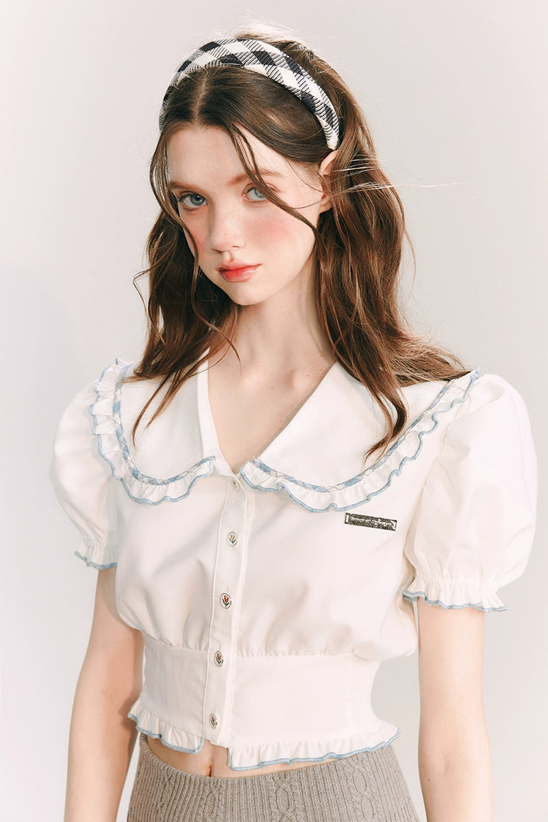 Eve Navy - Bubble Sleeve Retro Doll Collar Blouse
