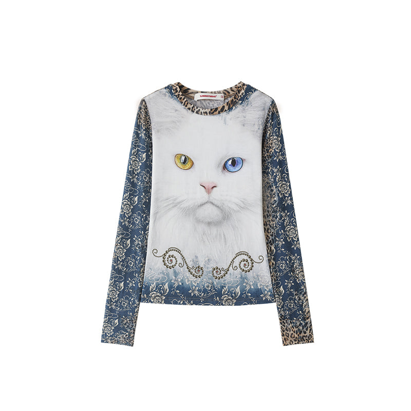 Cat Print Slim Long Sleeve Tee – Fall/Winter Base Layer Top