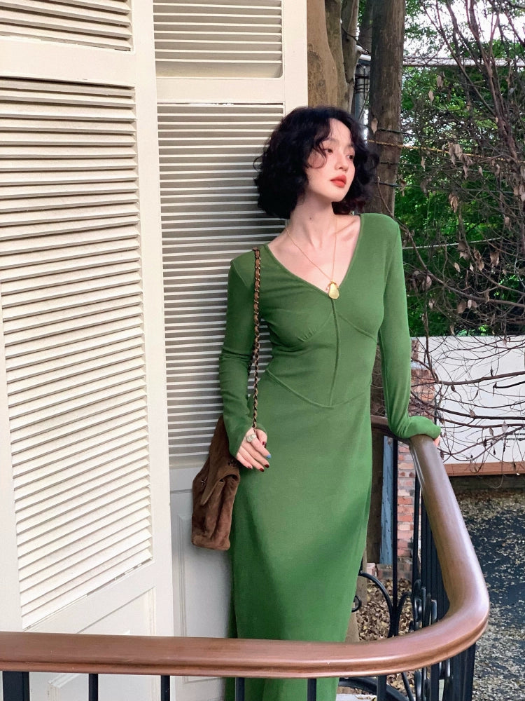 Shirred V-Neck Long Knitted Dress – Double 11 Chic Style