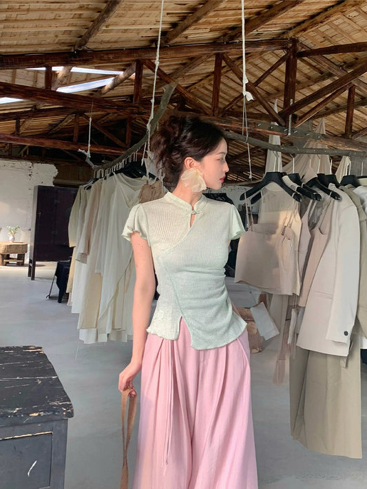 Chinese-Style Buckle Wide-Leg Pants