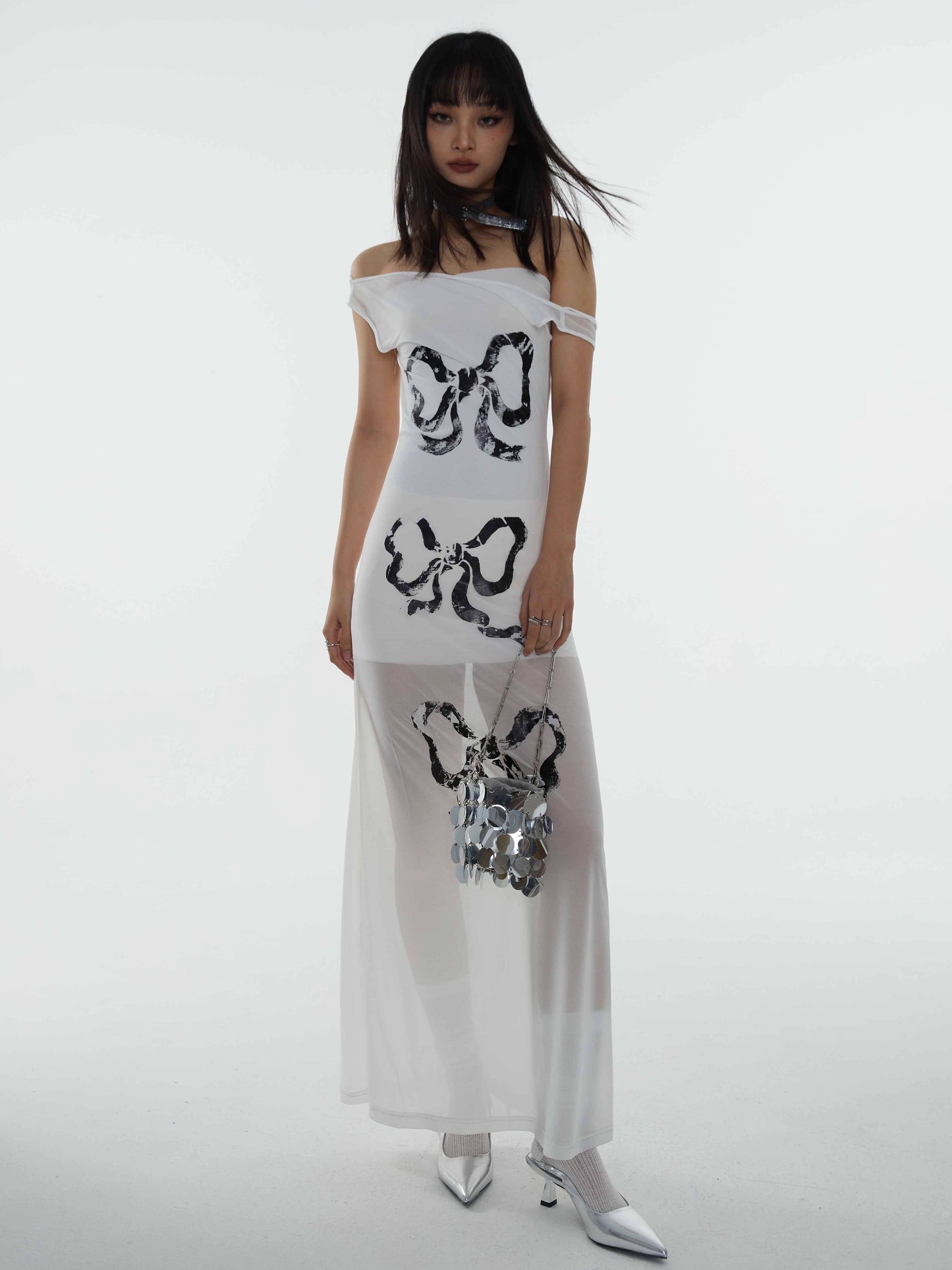 Длинная юбка-футболка из двух частей с бантом и принтом