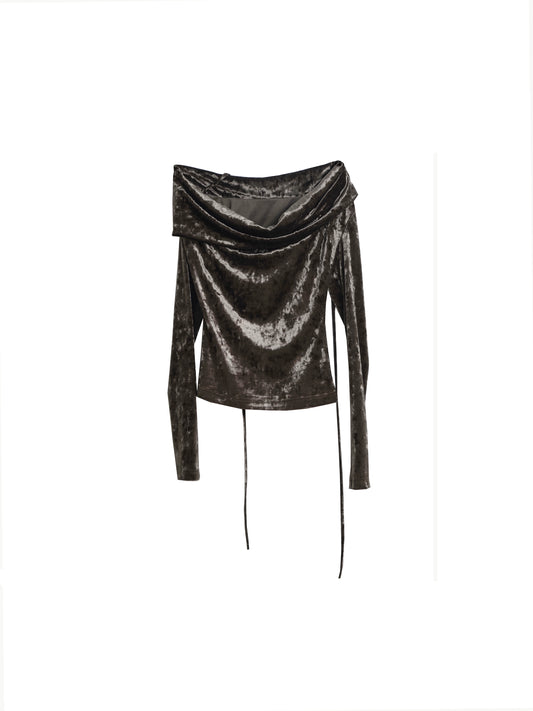 Зеленая бархатная рубашка с открытыми плечами в стиле ретро