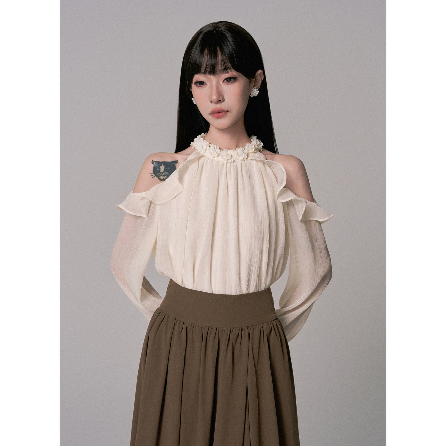 Off-Shoulder Lace Chiffon Blouse with Yarn Details (Autumn Edition)