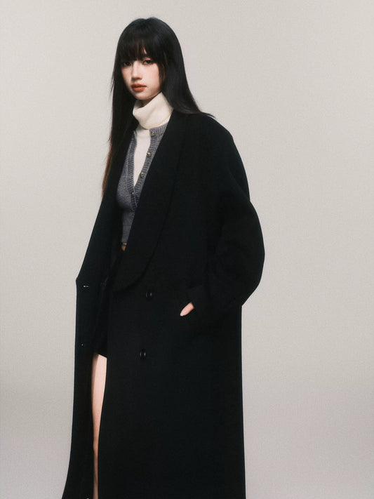 Vintage Black Shawl Collar Loose Wool Coat Jacket (Long Style)