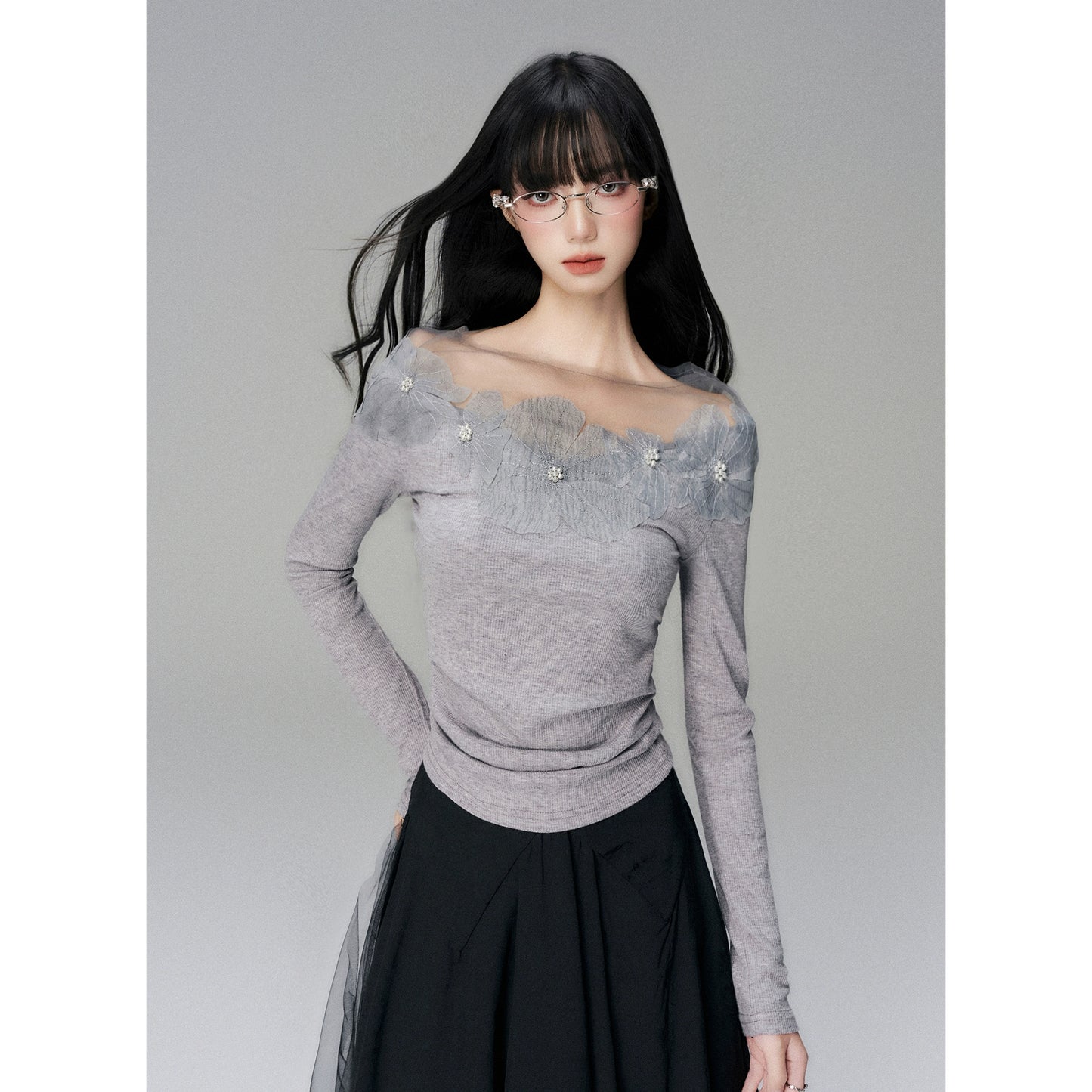 Floral Lace Trim Long-Sleeve Knit Top for Women