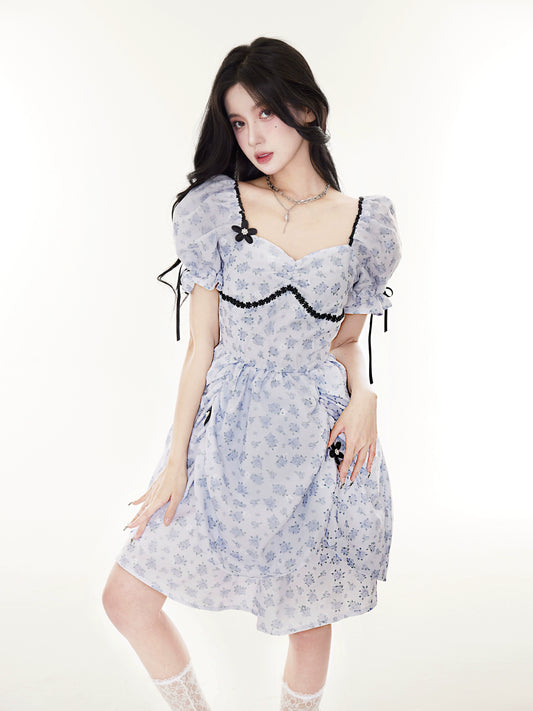 Rose Fairy Bubble Sleeve Fluffy Dress