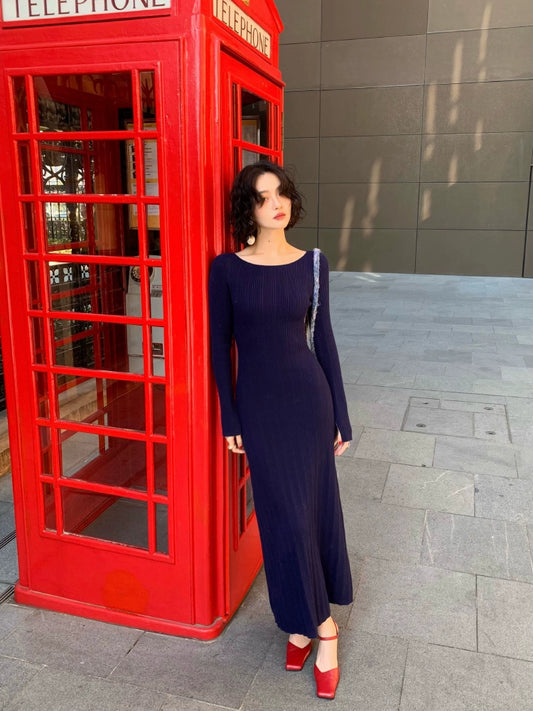 Retro Slim Waist Knitted Dress (Lanyun Collection)