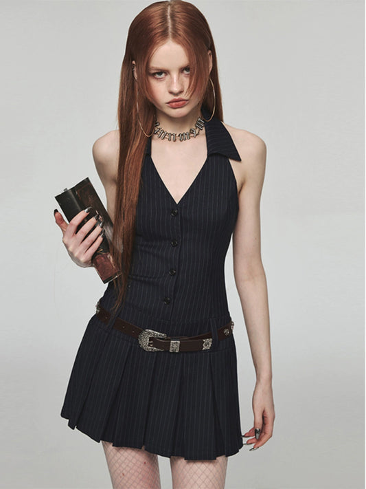 French Halter V-Neck Pleated Mini Dress – Sexy Sleeveless Summer Style