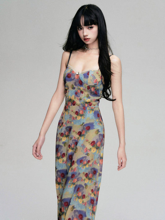 Monet-Inspired French Vintage Floral Slip Dress – Summer Resort Maxi