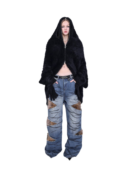 Leopard Fur Layered Denim Trousers – Low-Rise Genderless Street Edge