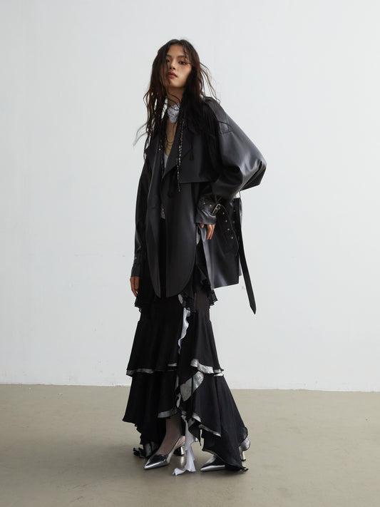 Giacca a vento corta divisa in PU nero opaco