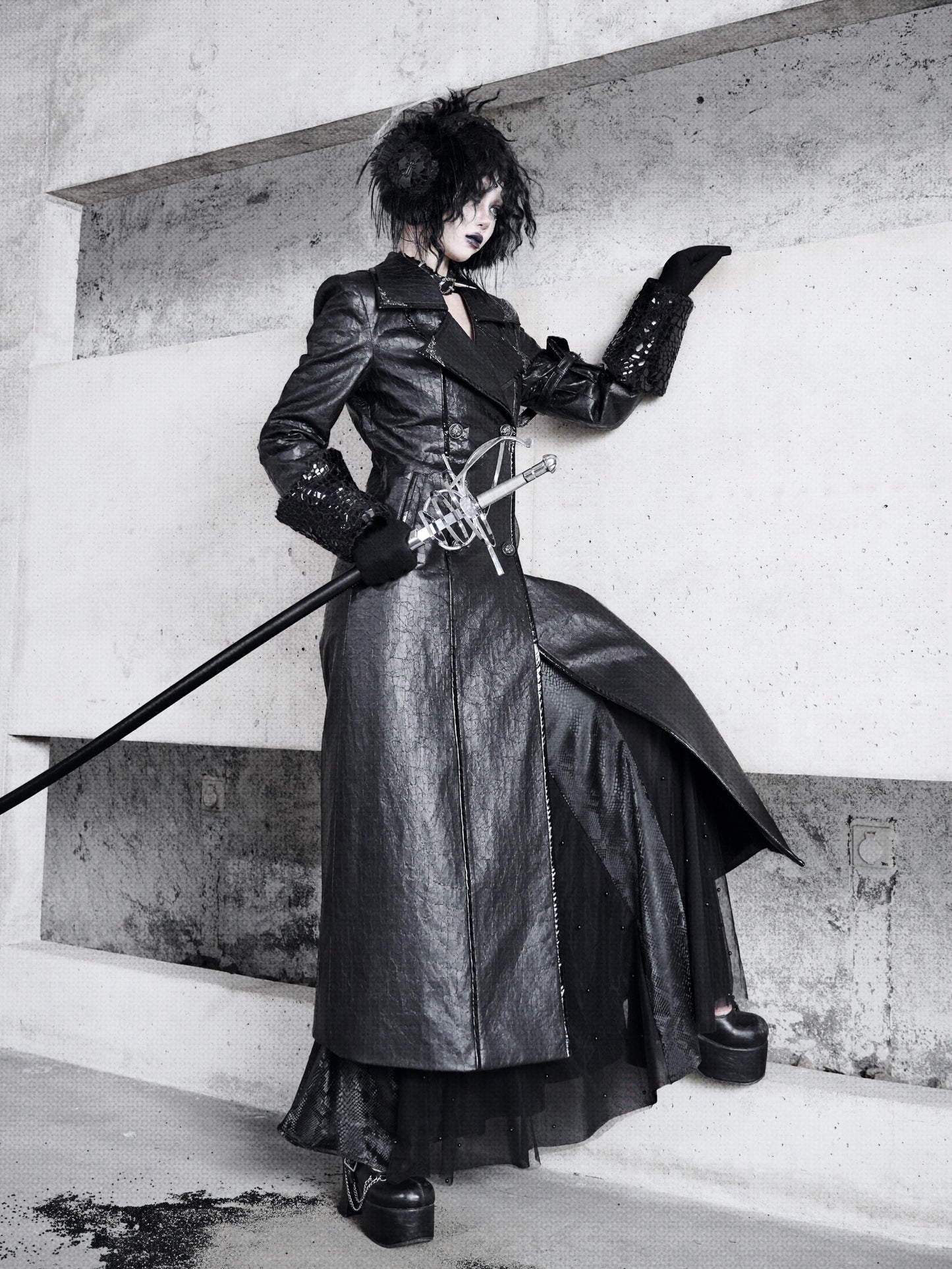 Gothic Crackle Leather Coat – Warm Lambswool Suit Jacket