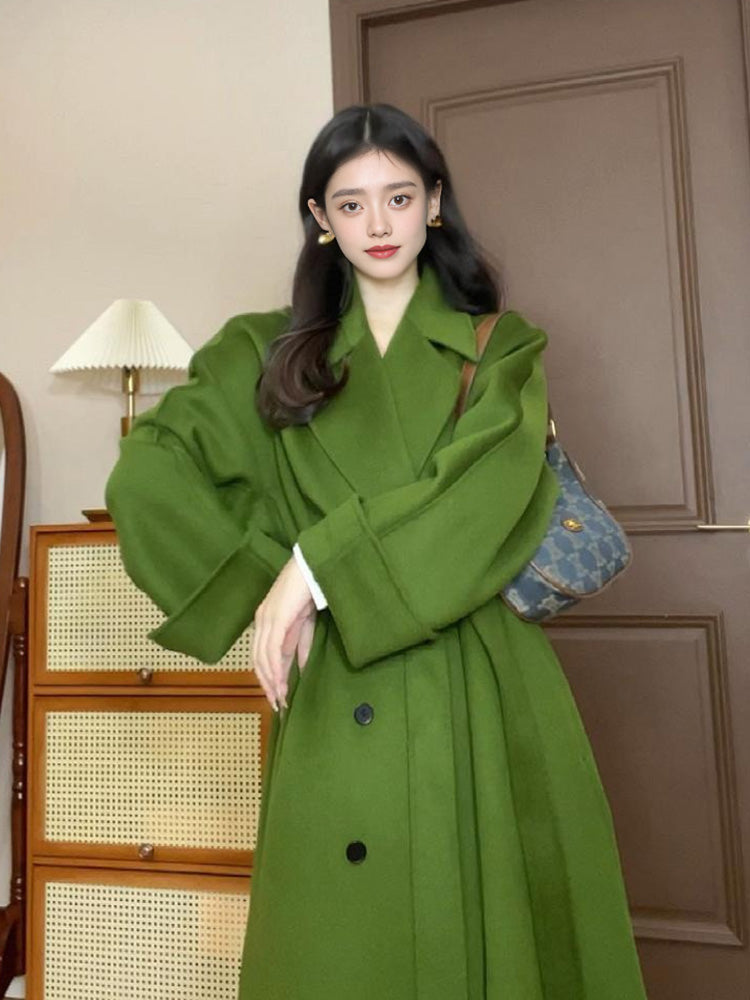 Green Double-Sided Cashmere Coat – Elegant Long Woolen Outerwear
