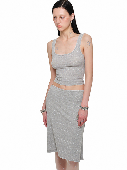 Polka Dot Cat Claw Knit Set – Lace Vest & Slim Fit Skirt