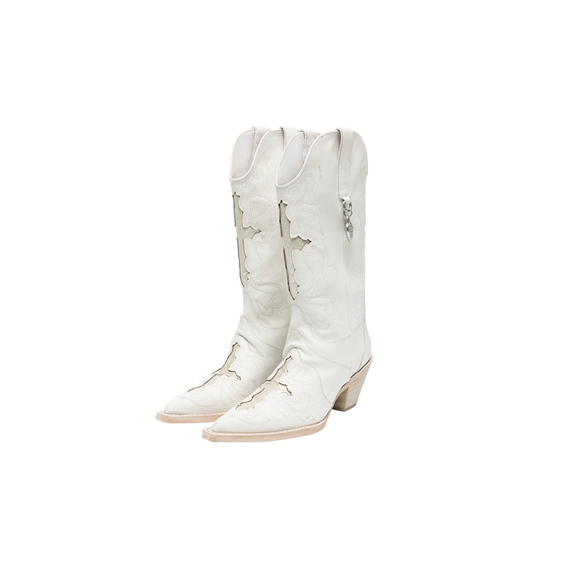 Classic V-Cut Embroidered Leather Knight Boots – Mid-Calf Pointed Toe