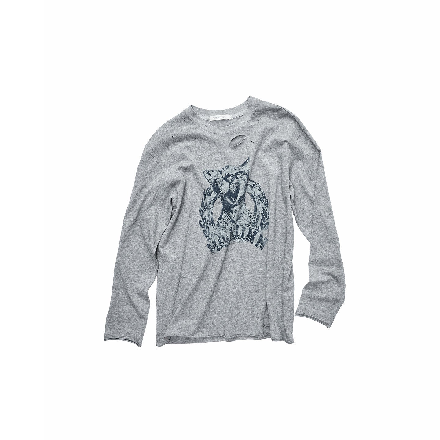 Cat Print Distressed Long Sleeve Tee
