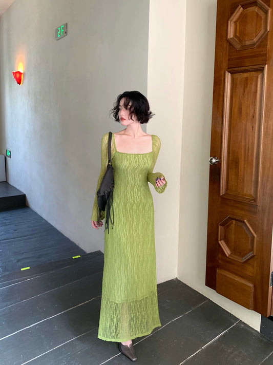 Emerald Bamboo Shadow Lace Square-Neck Long Dress – French Retro Autumn