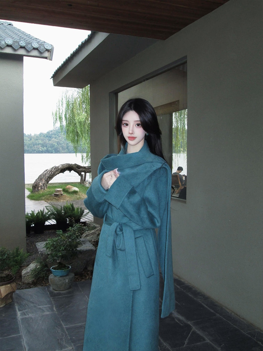 Blue Reversible Cashmere Coat – Elegant Mid-Length Scarf Collar Jacket
