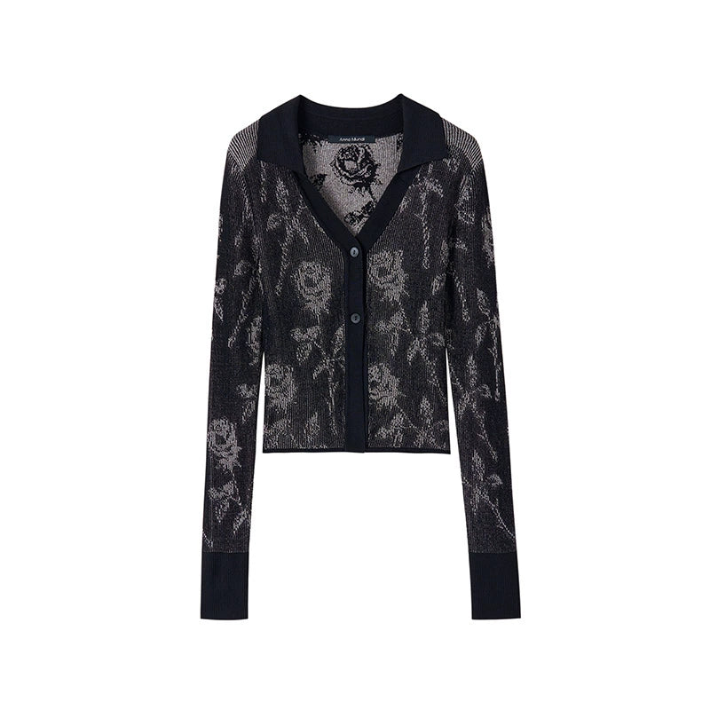 로즈 자카드 컬러 블록 카디건