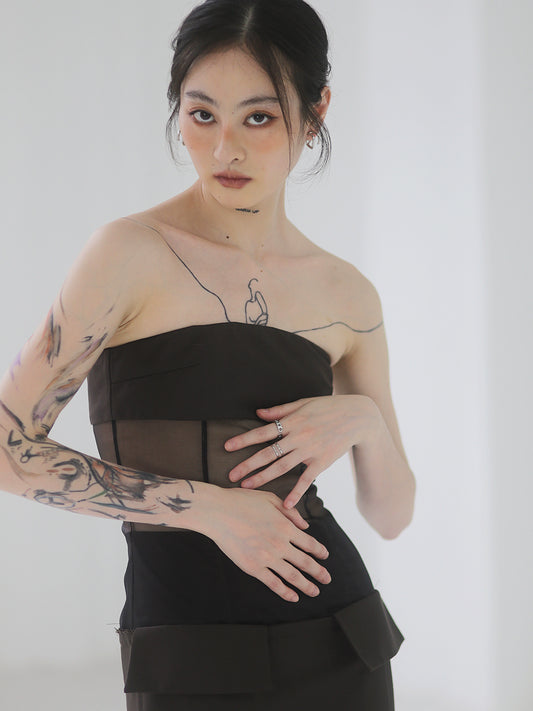 루즈한 메쉬 패치워크 롱 스커트