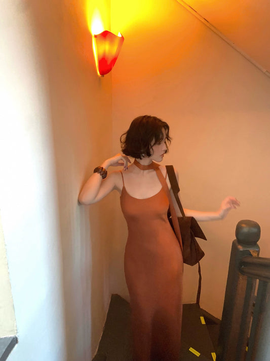 Sunlight Charm Tencel Satin Suspender Dress with Neck Tie – Retro Autumn