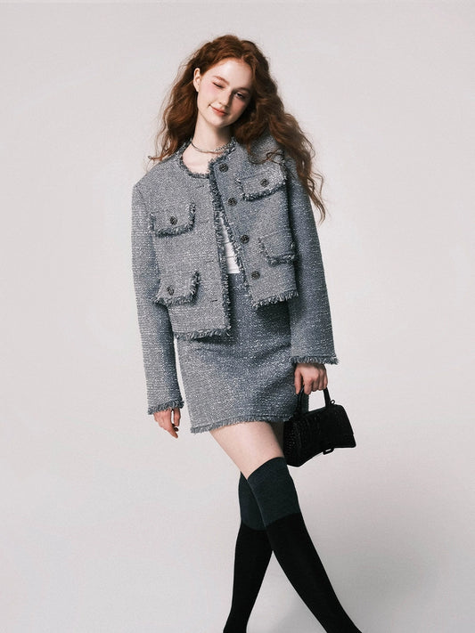 Conjunto de chaqueta corta de tweed grueso - Gris plateado
