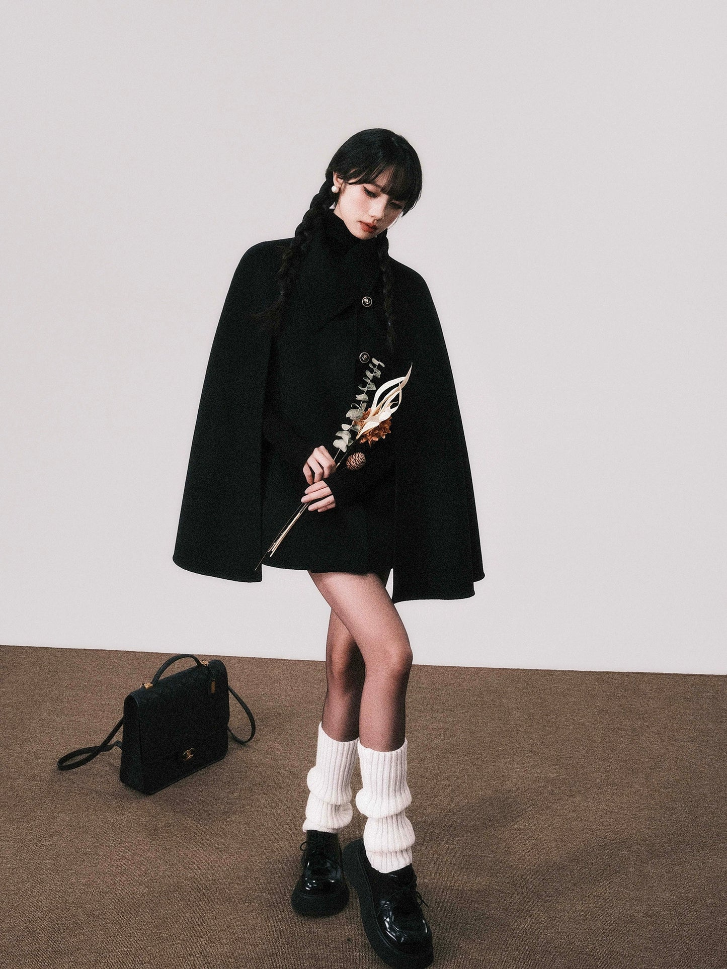 Reversible Black Wool Tweed Shawl Cape Coat (24AW Edition)