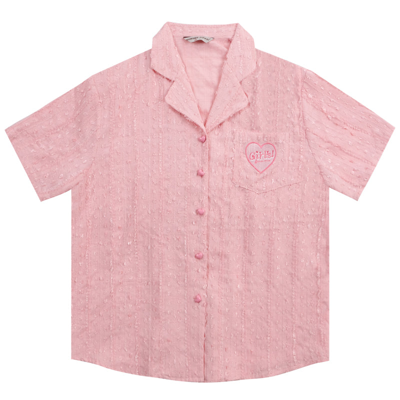 Love Embroidery Top - Pink Short Sleeve Shirt