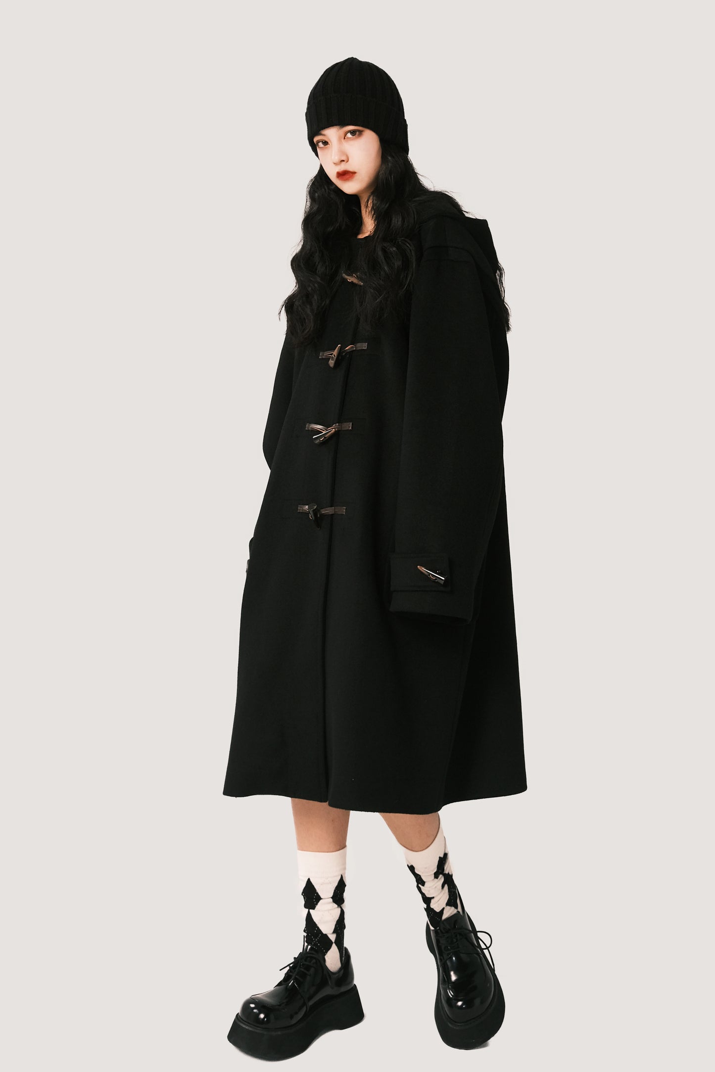 Abrigo Largo De Lana Con Botón De Cuerno De Vaca Retro - Ciervo Blanco