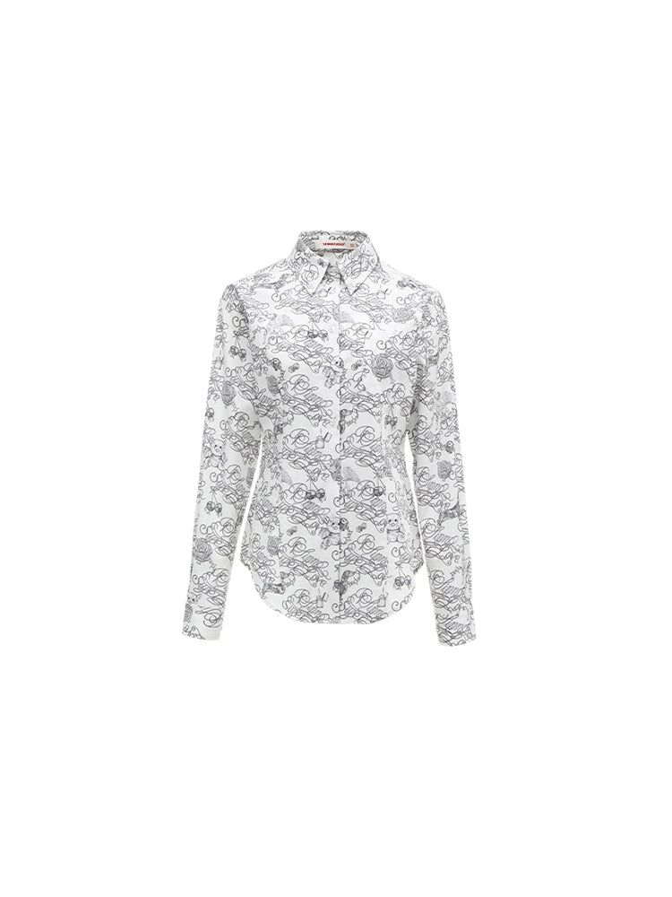 lettered all-over long-sleeved shirt shirt women's cotton waist slim casual top