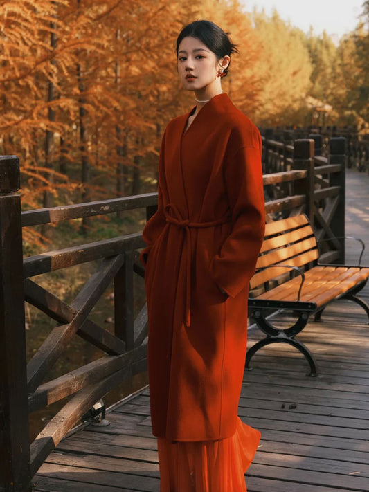 New Chinese Reversible Cashmere Coat – Mid-Length Shawl Wool Jacket