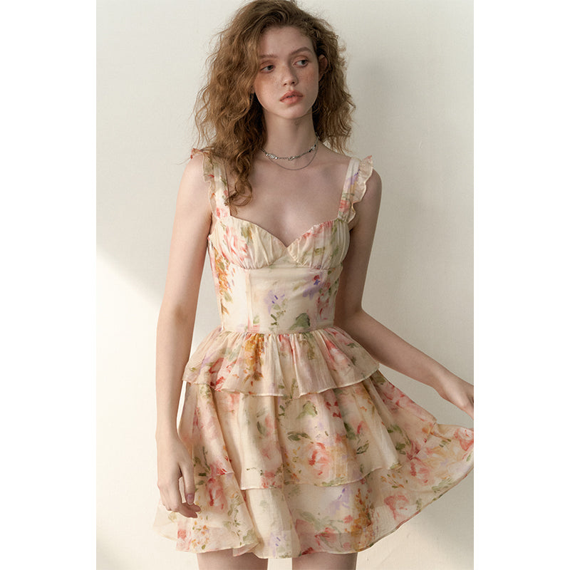 Yellow Flying Sleeve Cake Dress