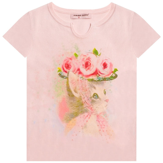 Cat Print U-Neck Knit T-shirt | Slim Fit Retro Short Sleeve Design for Summer