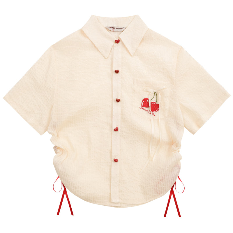 Cherry Embroidery Short Sleeve Shirt